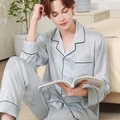 Men's ice silk pajama set in light blue with animal jacquard and black contrast piping - L / Light Green - Men