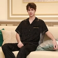 Men's black ice silk short sleeve pajamas set with gold trim and leaf pattern - L / Black