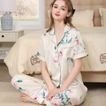 Ivory silk satin pajama set featuring floral and lamb prints with short sleeves and pants - M / Beige Michelia