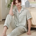 Men's silk satin pajamas set with short sleeve button shirt and trousers in silver green - L / Light Green / Men's