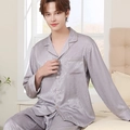 Men's silver silk pajama set with long sleeves and elegant wavy texture patterns - L / Gray Purple - Men