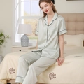 Short-sleeve light green silk pajama set for women with black piping and dark floral pattern - M / Light Green / Mrs.