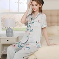 Short-sleeve floral print satin pajama set in light grey silk-like fabric with long pants - M / Light Blue Michelia