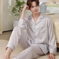 Men's silk satin pajama set in silver gray with long sleeves and classic piping detail - Light Purple - Men