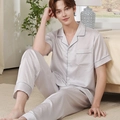 Men's silver-grey short sleeve silk pajamas set with dark patterns and blue piping - L / Light Purple / Men's