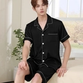 Pyjama court en satin noir pour hommes avec passepoil blanc et détails de poche chic - Noir (Homme)