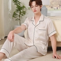 Men's silk satin pajamas in cream white with short sleeves and black piping trim - L / Top And Bottom / Light Beige