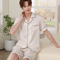 Pyjama court en satin de soie pour hommes en champagne avec passepoil contrasté - Beige Clair - Homme