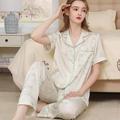 Women's silk satin pajama set with short sleeves and floral print in off-white - Single Lotus Beige