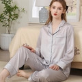 Women's silver silk pajamas set with heart jacquard pattern and long sleeve button-up top - Light Purple - Women