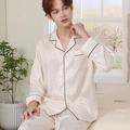 Men's champagne silk pajama set featuring elegant zebra texture and black trim accents - Light Beige - Men