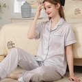 Women's short-sleeve silk-style pajama set in silver gray with contrast piping trim - M / Light Purple / Mrs.