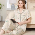 Women's silk-like pajama set in cream with floral print, short sleeves and long pants - Tulip