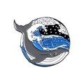 Creative enamel pin with grey whale and blue waves design in ukiyo-e style - Round Ocean Wave Whale Style (XZ2312)