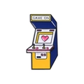 Retro game console enamel pin in blue and yellow with GAME ON text and a pink heart - Blue Arcade Machine Style (XZ2349)