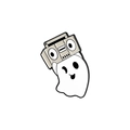 Detailed view of spooky ghost enamel pin carrying a vintage radio boombox - Retro Radio Ghost Style (XZ3815)