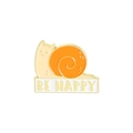 Cartoon enamel pin of an orange snail with Be Happy gold text on a white base - Snail Be Happy Style (XZ4040)