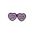 Purple heart-shaped sunglasses enamel pin with Looking Good and Feeling Good text - Purple Heart Glasses Style (XZ4057)