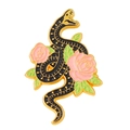 Dark art black snake pin featuring pink roses and gold-edged enamel details - Black Gold Rose Snake (XZ5957)