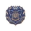 Academy style deep blue enamel wings shield badge brooch with golden metallic details - Fantasy Arch Crest (XZ6346)