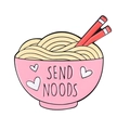 Pink ramen bowl enamel pin with Send Noods text and white heart patterns on white background - Noodle Bowl Style (XZ7177)