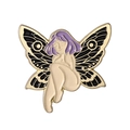Elegant butterfly fairy enamel pin with purple hair and intricate black patterned wings - Purple Hair Black Wing Fairy (XZ7097)