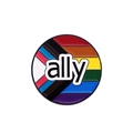 Emaille regenboog progress pride pin met witte ally tekst op zwart metalen rand - Ally Ronde Stijl (XZ7405)