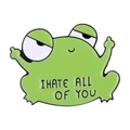 Funny green enamel frog pin featuring I HATE ALL OF YOU text and grumpy middle finger gesture - Cynical Frog Style (XZ7884)