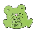Cartoon frog enamel pin with MAN I LOVE FROGS text and pink heart on a green badge - Heart Frog Style (XZ7887)