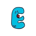 Cartoon alphabet E enamel pin in bright blue finish with cute animated face - Letter E Style (XZ5379)