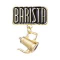 Barista theme metal brooch with black BARISTA text plate and hanging golden coffee pot - Coffee Pot Style (XZ7920)