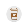 White round tinplate pin badge featuring a minimalist brown coffee cup and heart design - Heart Coffee Cup Style (XZ7644)