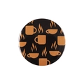 Round tinplate badge featuring repetitive orange coffee cup pattern on black background - Xz7645