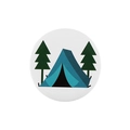Round tinplate badge featuring a blue camping tent and green pine trees on white background - Camping Tent Illustration Style (XZ7658)