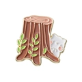Cartoon white cat and green leaves on brown tree stump enamel brooch pin - Cat in Tree Stump Style(XZ8366)