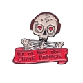 Skull with red headphones enamel pin featuring Ask Me About True Crime Podcasts text - Podcast Listener Skull Style (XZ8844)