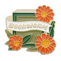 Grüne Bookworm Emaille-Anstecknadel mit orangefarbenen Blumen und Buchform - Buch Blumen Bookworm Stil (XZ8552)
