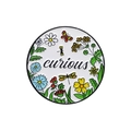 Round white enamel pin with curious lettering and colorful floral insect patterns - Curious Butterfly Insects (XZ8557)