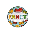 Pink cartoon enamel pin with heart patterns and FANCY text in a round alloy design - Fancy Colorful Hearts (XZ8559)