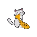 Cute cartoon cat eating fish enamel pin badge in white and orange metal finish - Cat Holding Fish Style (XZ5483)