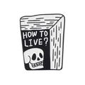 Macro detail of enamel pin shaped like a book featuring skull and 'HOW TO LIVE?' text - Skeleton Book Style (WY2931)