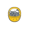 Cute cartoon gray cat sitting in a yellow woven basket enamel pin badge accessory - Cat in Basket Style (xz3857)