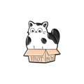 Enamel pin of a spotted cat in a box with Idiot Box text on a white background - Idiot Box Cat Style (xz3860)