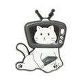 Enamel pin featuring a white cat inside a vintage TV frame with cute black paw prints - Retro TV Cat Style (xz4717)