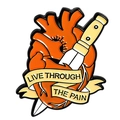 Pin's cœur anatomique orange avec dague jaune et ruban Live Through The Pain stylisé - Xz3877