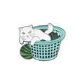 Cute enamel pin featuring a white cat in a light blue basket with green watermelons - Cat in Watermelon Basket Style (xz5577)