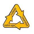 Yellow enamel brooch with recycle arrow design featuring sleep survive wake up text - Xz6621