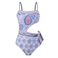 Detail of paisley print one-piece swimsuit featuring side cut-outs and bow tie knot - Y88 Gray Swimsuit