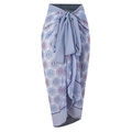Detailed view of light blue paisley print wrap skirt with front bow tie and dark blue trim - Y88 Gray Skirt
