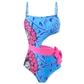 Detailed view of blue one-piece swimsuit with floral print and pink side-tie waist cutout - Y243 Blue Large Floral